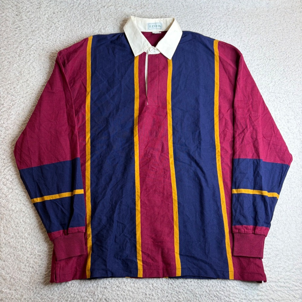 Vintage IZOD Rugby Shirt Mens Large Burgundy Navy Blue Gold Striped Cotton L/S
